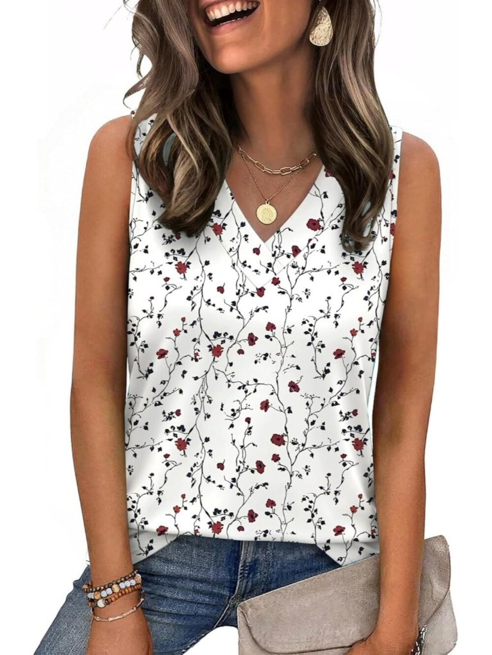 Women's Spring Summer V Neck White Sf224 Loose Fit Sleeveless Tops Beach